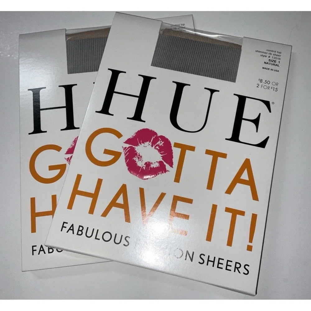 NIP 2 PC HUE Gotta Have It! Control Top Pantyhose Shimmer Rib Sheer Natural Sz 1